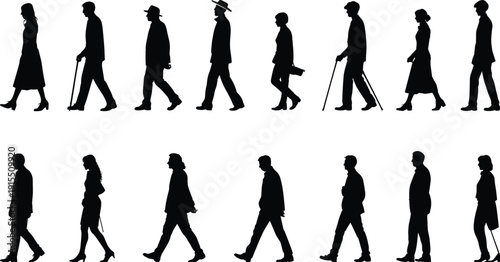 Black vector silhouette set of diverse people walking including individuals with canes and crutches for accessibility inclusive branding medical recovery and urban lifestyle design
