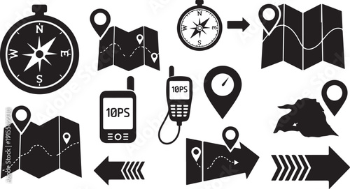 Navigation icons and symbols for travel and direction guidance
