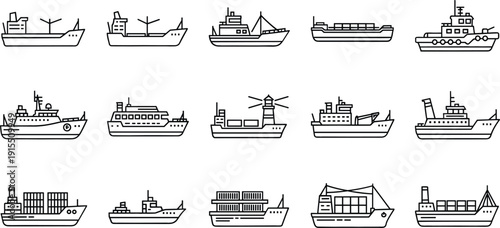 Modern cargo and passenger ship collection vector set isolated line icons for maritime transportation industry design