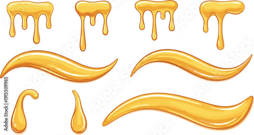 Golden honey drip and liquid swirl set sweet maple syrup drops for food packaging design glossy amber sauce vector illustration.