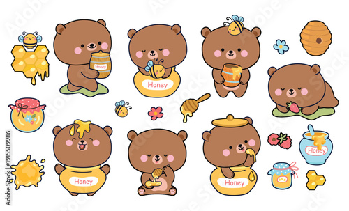 Funny bear and honey. Kawaii bears, bee, honeycombs. Natural sweet dessert in jars and barrel. Forest cute animals, raspberry, flowers, nowaday vector set