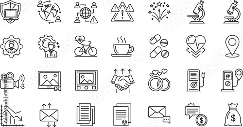 Modern communication and business line icon collection vector set with security health finance and media symbols