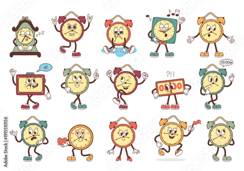 Retro groovy clock. Funny various watches, alarm clocks, vintage and digital watch. Modern and old style trendy time measuring elements, neoteric vector clipart