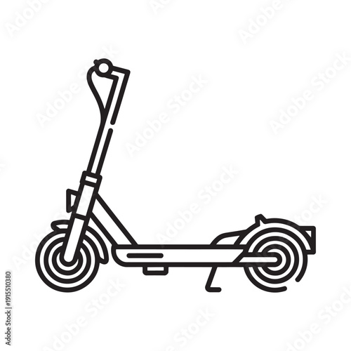 Black and white line drawing of a modern electric scooter side profile view