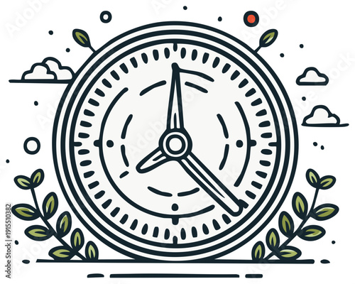 Stylized timekeeping clock with decorative leaves and clouds illustration