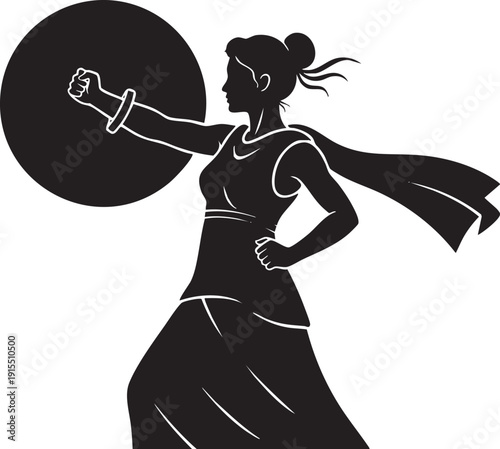 Silhouette of a strong woman in profile, raising her fist in a gesture of defiance and strength, with a circular shield.