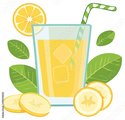 Delicious fruit drink in glass with ice lemon banana and green leaves vector art