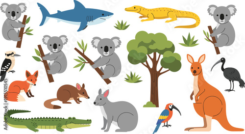 Cute Australian Wildlife Vector Set, Flat Cartoon Collection of Kangaroo, Koala, Shark, and Outback Animals Isolated on White