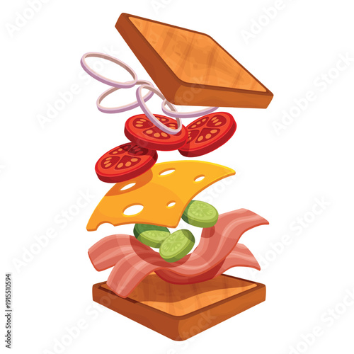 Sandwich ingredients. Two toast slices, cheese, bacon, cucumber, onion rings and tomatoes. Flying food, snack for breakfast, lunch or dinner, sapid vector scene