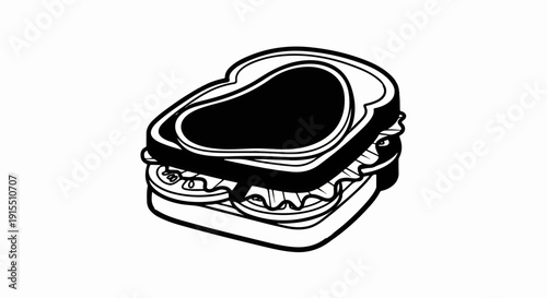 Black and white illustration of a stacked sandwich with layered fillings and bread