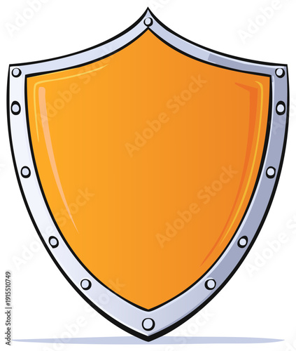 Blank orange medieval shield with silver metal border vector illustration for security and protection