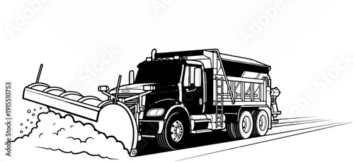 Black and white illustration of a snow plow truck clearing snow on a road