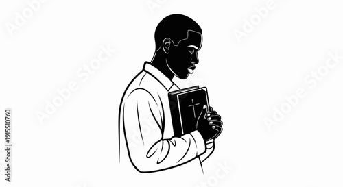 Black and white illustration of a man holding a holy book