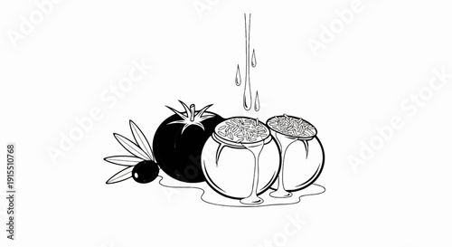 Black and white illustration of olives, a tomato, and two bowls of grains