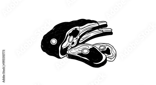 Black and white illustration of raw meat cuts, including chops and steaks
