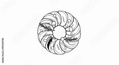 Black and white illustration of a bundt cake decorated with berries and herbs