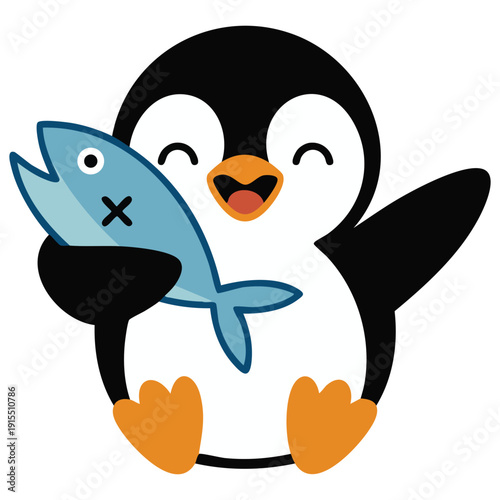 Adorable Cartoon Penguin with a Fish in Its Beak Isolated Vector Illustration on White Background