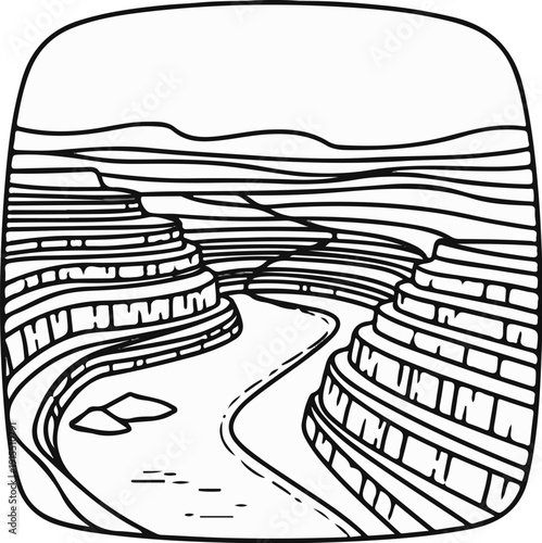 Black and white line drawing of a winding river flowing through a layered canyon