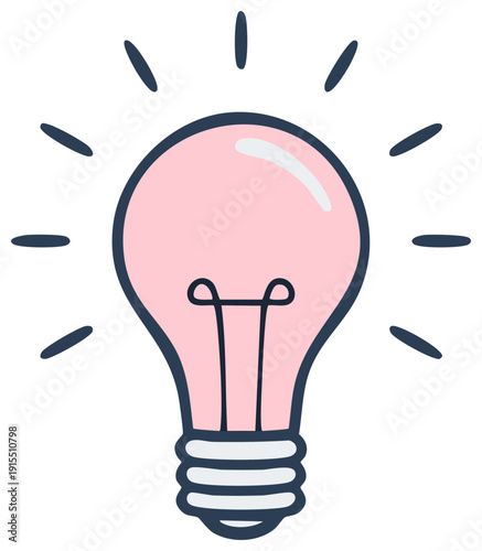 Pink Light Bulb with Rays, Idea Concept, Cartoon Style, Electric Lamp, Creativity and Innovation Symbol, Vector Icon
