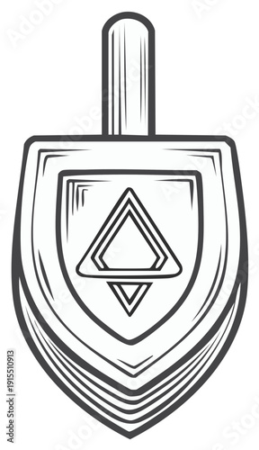Doodle of traditional Hanukkah dreidel toy with triangle design and Hebrew letter symbol. Holiday game spinner line drawing
