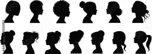 Black vector silhouette set of diverse women profile heads with various hairstyles including messy buns ponytails wavy hair and short bobs for beauty branding design