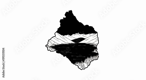 Black and white illustration of a mountainous lake landscape