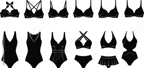 Women Swimwear Silhouette Collection Featuring Bikini Tops One Piece Swimsuits Two Piece Sets and Beachwear Vector Illustration