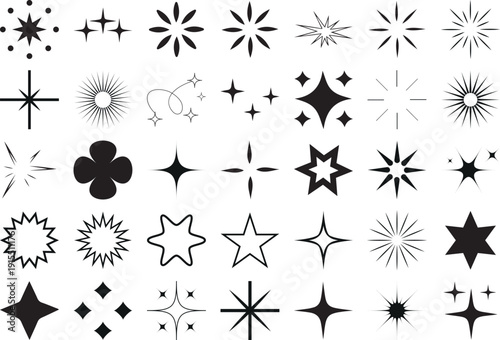 Collection of various starburst shapes and designs on white background