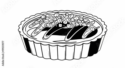 Black and white illustration of a single-serving tart topped with chopped nuts and drizzled filling