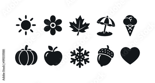Seasonal silhouette icon set. Sun, flower, leaf, snowflake, heart icons collection