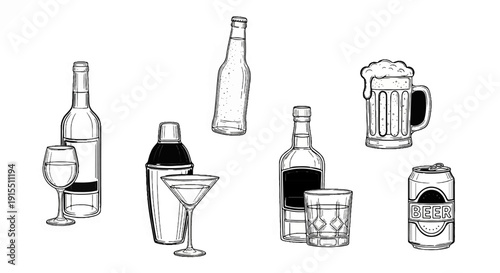 Assorted alcoholic beverages and bar accessories depicted in a sketched style