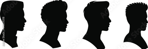 Black vector silhouette set of men profile heads with diverse modern hairstyles including undercut curly hair and pompadour for barber shop branding design
