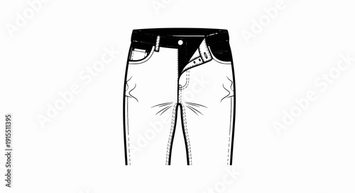 Black and white line drawing of the top portion of a pair of unbuttoned jeans