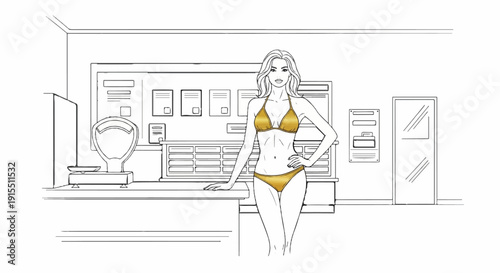 Artistic sketch of a woman in a bikini standing at a counter with display shelves and a scale