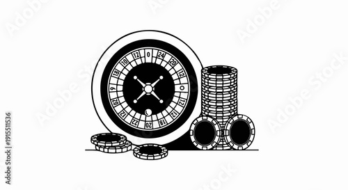 Black and white illustration of a roulette wheel with stacks of gambling chips