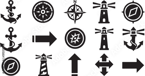 Nautical Navigation Symbols and Icons Set for Design Projects