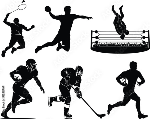 Collection of sports silhouettes featuring various athletes in action poses