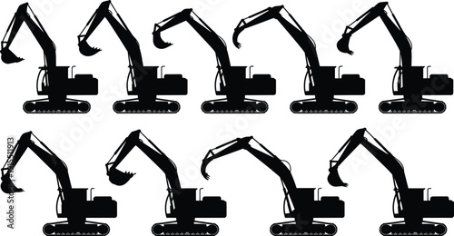 Set of excavator silhouettes in different arm positions, heavy construction machinery collection with crawler tracks, industrial digging equipment isolated on white background.