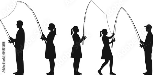 Fishing people silhouettes set man and woman holding fishing rods catching fish outdoor hobby and recreation concept vector illustration on white background.