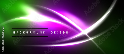 Abstract neon lines create vibrant gradient background. Green, purple, white hues blend seamlessly. Modern design element.