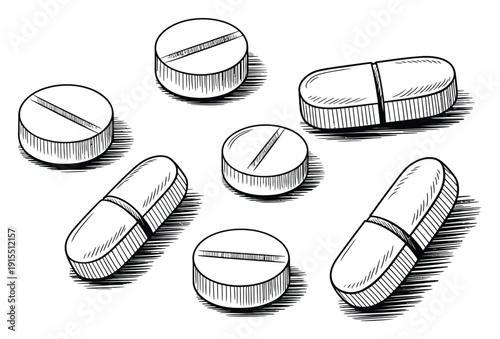 Pills and Capsules Hand Drawn Vector Illustration