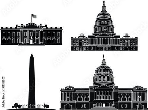 United States Government Landmark Silhouettes Including White House Capitol Building Washington Monument and Federal Architecture Vector Illustration Collection