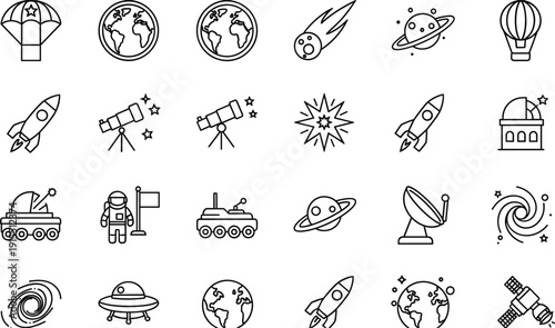 Space exploration line icon collection vector set with rocket planet astronaut satellite and astronomy symbols
