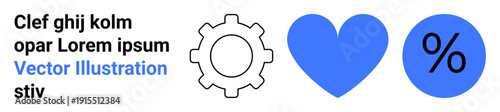 Settings, emotions, analytics, data organization, business , user interface design. Gear, heart and percentage symbols in black and blue. Settings and emotions concept