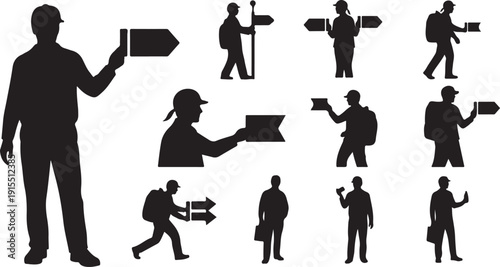 Silhouettes of people holding signs and various objects together