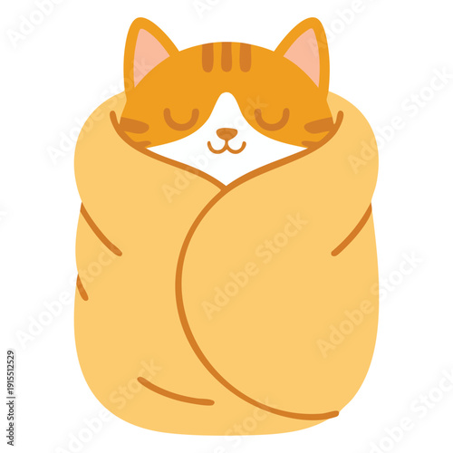 Cozy Illustration of a Ginger Kitten Wrapped in a Blanket Sleeping Peacefully