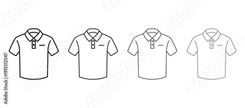 Collection of four minimalist polo shirt outline icons with collars and buttons on white background