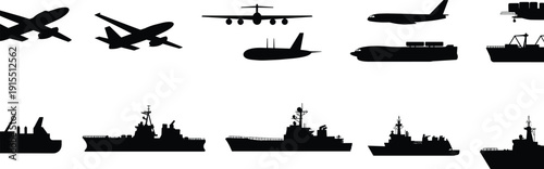 Black vector silhouette set of military cargo planes transport aircraft and naval warships for air force defense maritime security and aviation history branding design
