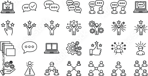 Customer engagement and feedback icon collection vector set with rating support teamwork communication and satisfaction symbols