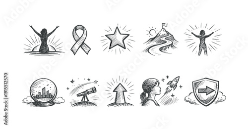 Achievement and motivation silhouette icon set for success and goal setting